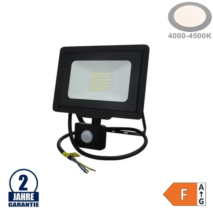 30W LED SMD Fluter mit Bewegungsmelder und 70cm Kabel Schwarz Neutralweiß
