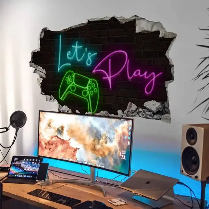 3D Wandtattoo Lets Play mit Spielecontroller – Neonlicht
