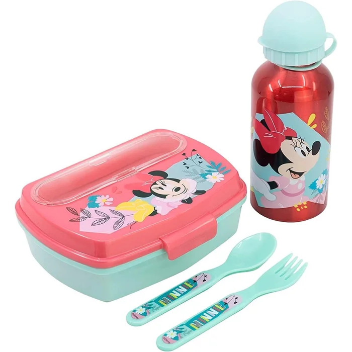 4-teiliges Set Lunchbox und Besteck Mädchen Disney Minnie [Größe 7,2×22,7×20,5 cm]