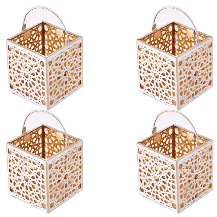 4er Set Orientalische Teelichthalter 10cm Weiss aus Metall & Glas Windlicht Assa