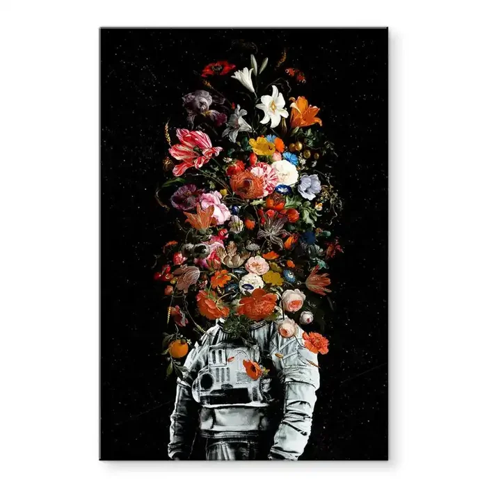 Acrylglasbild Astronaut mit Blumen-Arrangement – Nicebleed