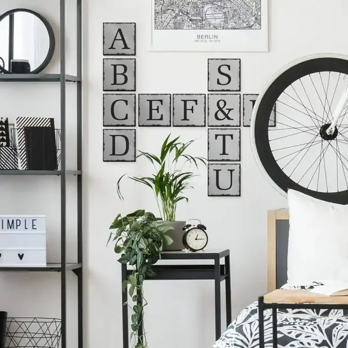 Alu-Dibond Silbereffekt – Buchstabensteine – Shabby