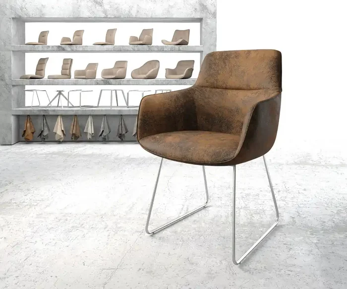 Armlehnstuhl Pejo-Flex Braun Antik Kufengestell Edelstahl