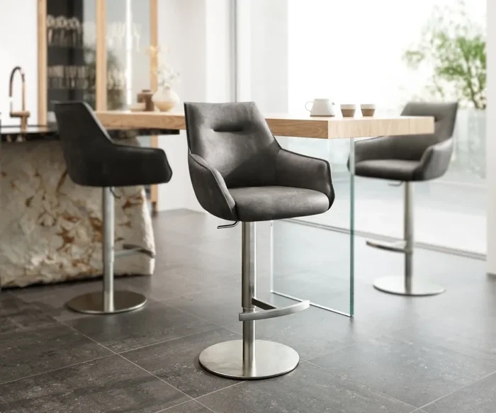 Barstuhl Alja-Flex Mikrofaser Anthrazit Vintage Drehfuß höhenverstellbar Edelstahl drehbar Taschenfederkern