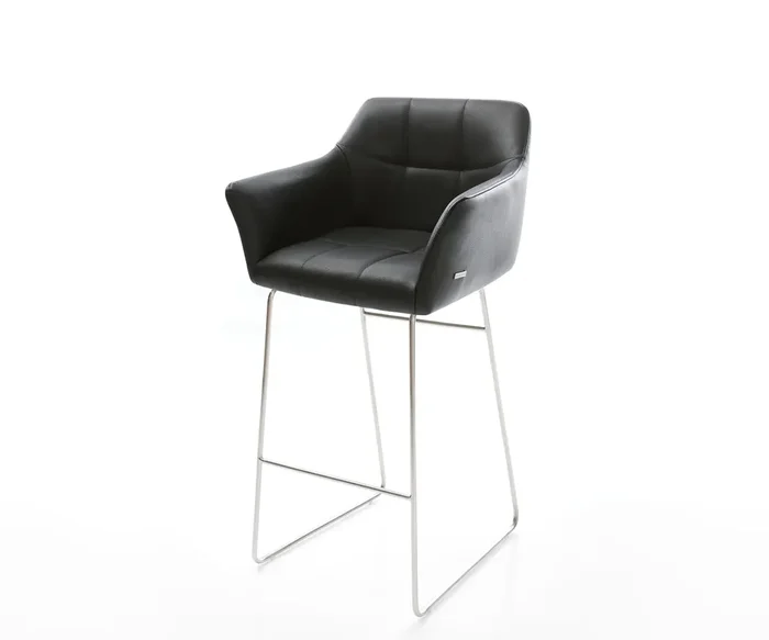 Barstuhl Yulo-Flex Echt-Leder Schwarz Kufengestell Edelstahl