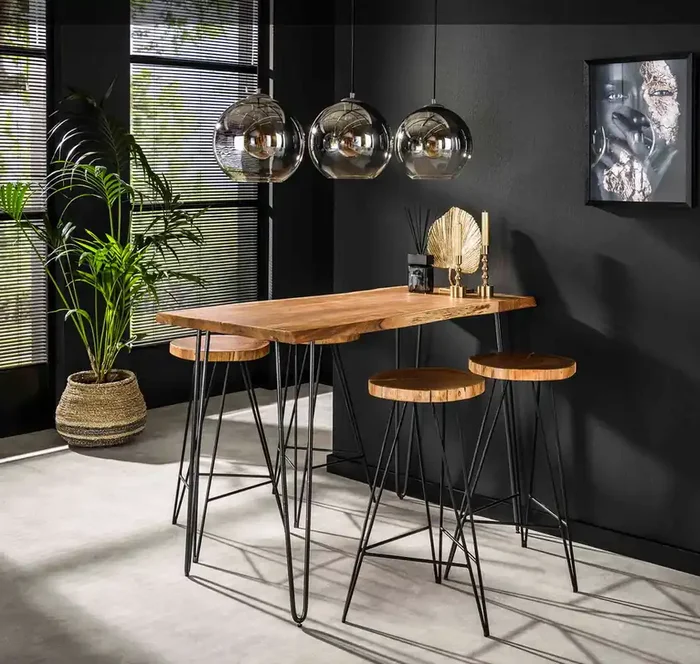 Bartischset Edge Industrial 130 + 4 Barhocker Baumscheibe