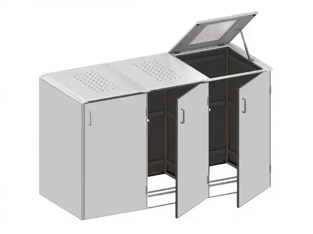 Binto 3er Mülltonnenbox HPL lichtgrau – mit Edelstahl Klappdeckeln