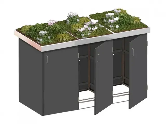 Binto 3er Mülltonnenbox HPL schiefer – mit Pflanzschalen