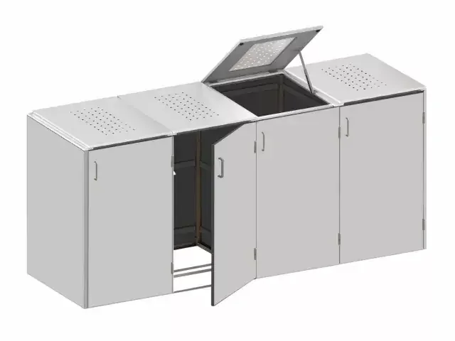 Binto 4er Mülltonnenbox HPL lichtgrau – mit Edelstahl Klappdeckeln