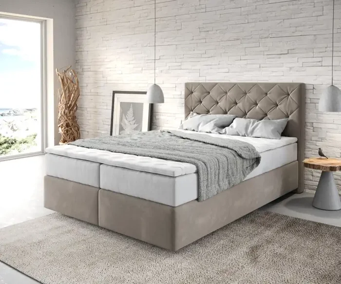 Boxspringbett Dream-Great 140×200 cm Mikrofaser Beige mit TFK Matratze und Visco Topper