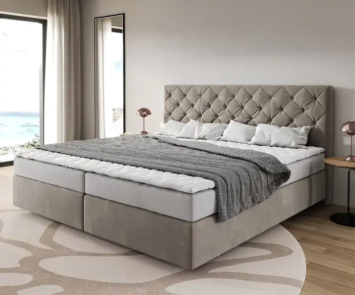 Boxspringbett Dream-Great Mikrofaser Beige 200×200 cm Bonell-Matratze PU-Topper