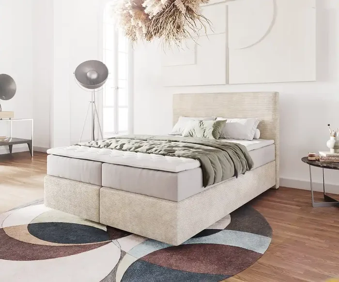 Boxspringbett Dream-Well 140×200 cm Cord Beige mit Taschenfederkernmatratze und Topper Visco