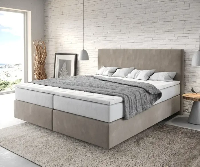 Boxspringbett Dream-Well 180×200 cm Mikrofaser Beige mit TFK Matratze und Visco Topper