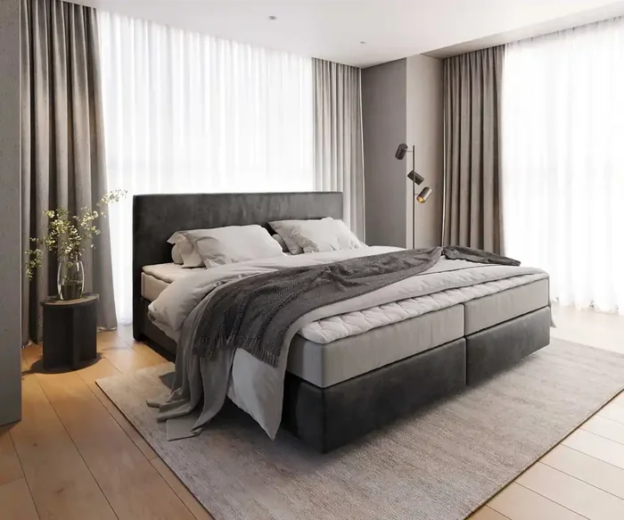 Boxspringbett Dream-Well Mikrofaser Anthrazit Vintage 200×200 cm mit Taschenfederkernmatratze und Topper Visco