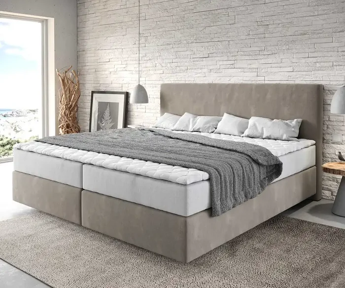 Boxspringbett Dream-Well Mikrofaser Beige 200×200 cm mit Taschenfederkernmatratze und Topper Visco