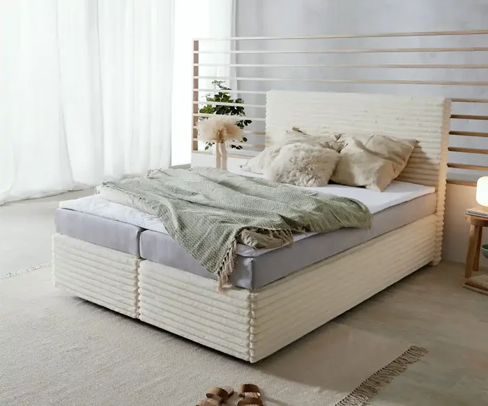 Boxspringbett Dream-Well Plüsch-Cord Beige 140×200 cm Bonell-Matratze PU-Topper