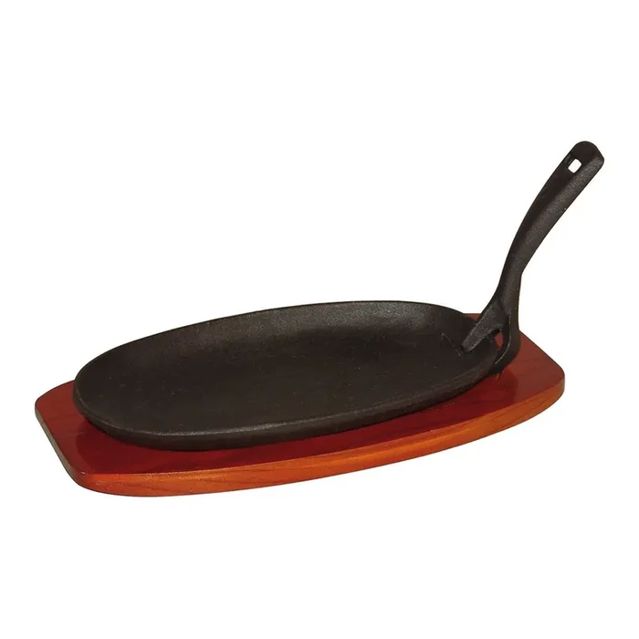 Cast iron serving pan with wooden coaster, dimensions 24 x 14 cm