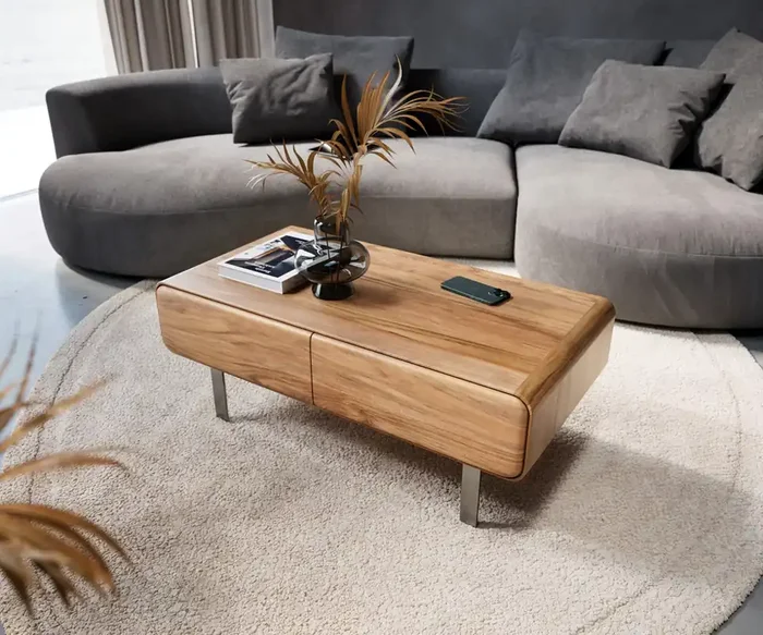 Couchtisch Anaya 100×50 cm Akazie Natur 2 Schubladen L-Fuß Edelstahl