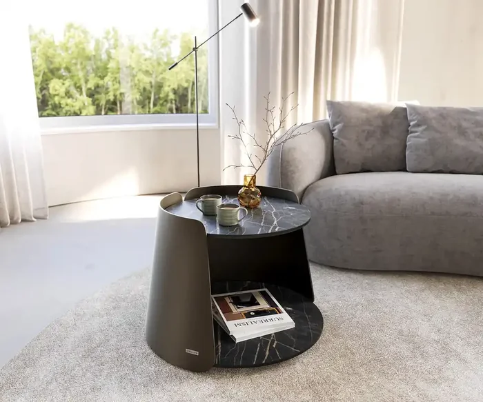 Couchtisch Daban 59×59 cm Keramik Laminam®Noir Desir Braun Gestell Metall Titanfarbig