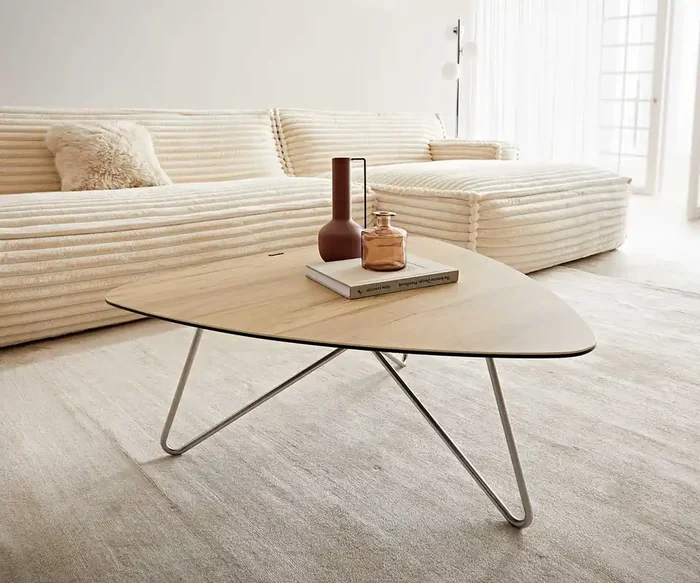 Couchtisch Ekrem 88×85 cm Keramik Laminam® Sabbia Eichefarbig Hairpin rund Edelstahl