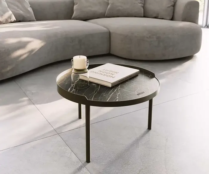 Couchtisch Torell 50×50 cm Keramik Laminam®Noir Desir Braun Metallrahmen Effektfinish Titan