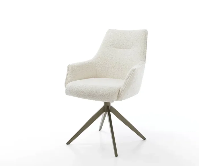 Drehstuhl Alja-Flex mit Armlehnen Bouclé Weiß Kreuzgestell breit Effektfinish Titan 360° drehbar Taschenfederkern
