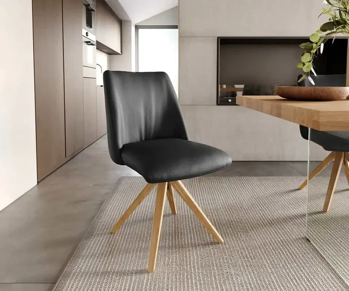 Drehstuhl Elso-Flex Echt-Leder Schwarz Holzgestell kantig Natur 180° drehbar Taschenfederkern