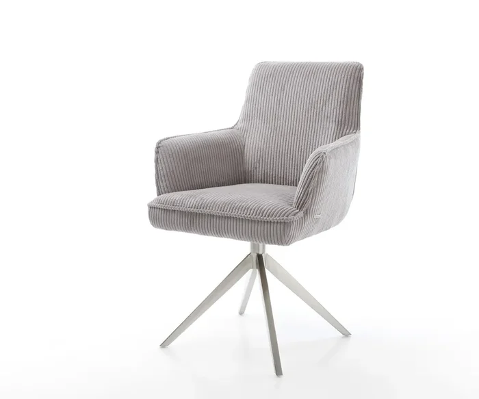 Drehstuhl Heira-Flex mit Armlehnen Cord Silbergrau Kreuzgestell breit Edelstahl 360° drehbar Taschenfederkern