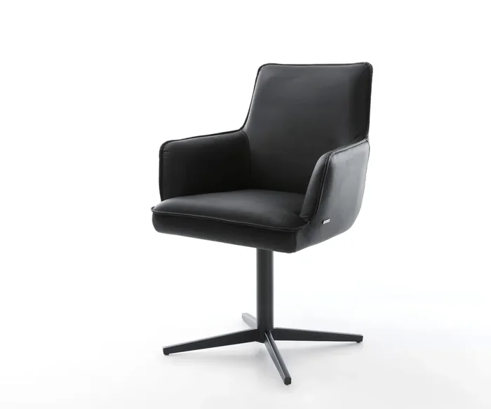 Drehstuhl Heira-Flex mit Armlehnen Echt-Leder Schwarz Fußkreuz Schwarz 360° drehbar Taschenfederkern
