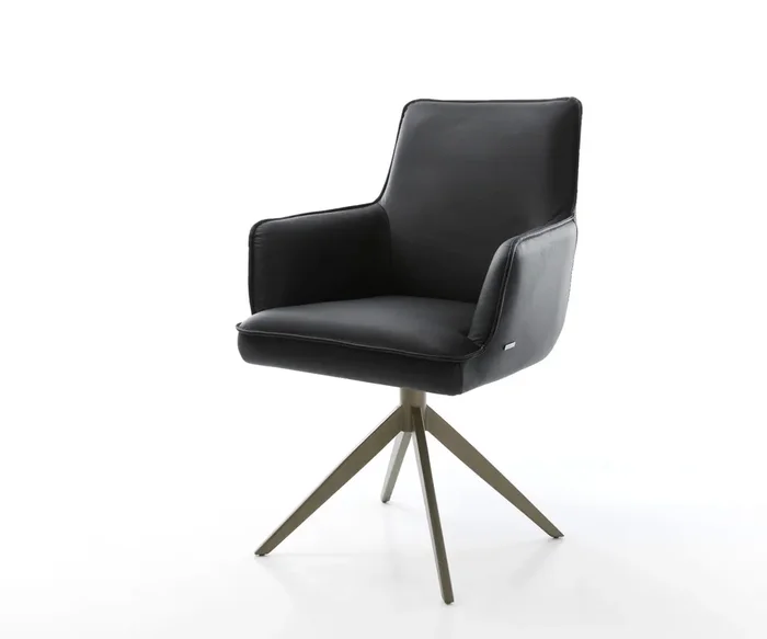 Drehstuhl Heira-Flex mit Armlehnen Echt-Leder Schwarz Kreuzgestell breit Effektfinish Titan 360° drehbar Wippfunktion Taschenfederkern