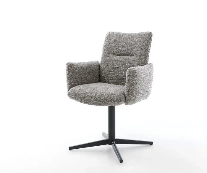 Drehstuhl Jova-Flex mit Armlehnen Bouclé Silbergrau Fußkreuz Schwarz 360° drehbar Taschenfederkern