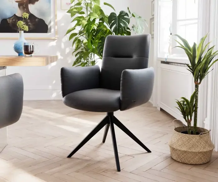 Drehstuhl Jova-Flex mit Armlehnen Echt-Leder Schwarz Kreuzgestell breit Schwarz 360° drehbar Taschenfederkern