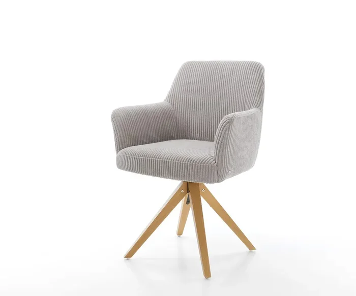 Drehstuhl Xana-Flex mit Armlehnen Cord Silbergrau Holzgestell kantig Natur 180° drehbar Taschenfederkern