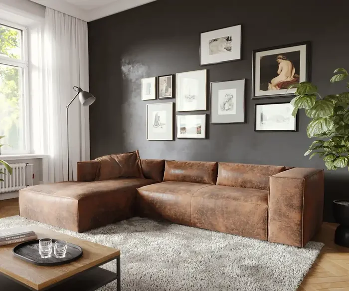 Eckcouch Brom 260×175 cm Lederimitat Braun Recamiere links