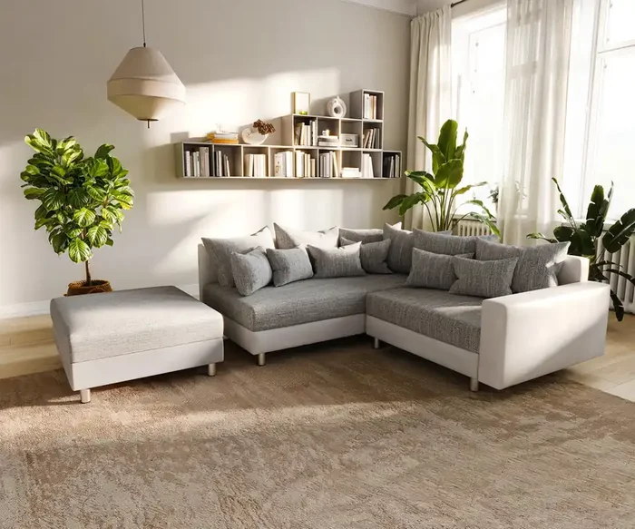 Ecksofa Clovis Weiss Hellgrau Hocker Armlehne Ottomane Links Modulsofa
