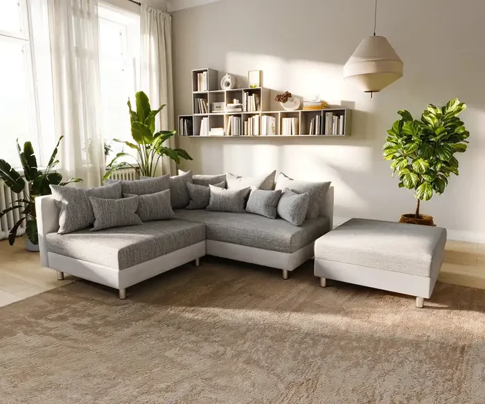 Ecksofa Clovis Weiss Hellgrau Hocker Ottomane Rechts modular