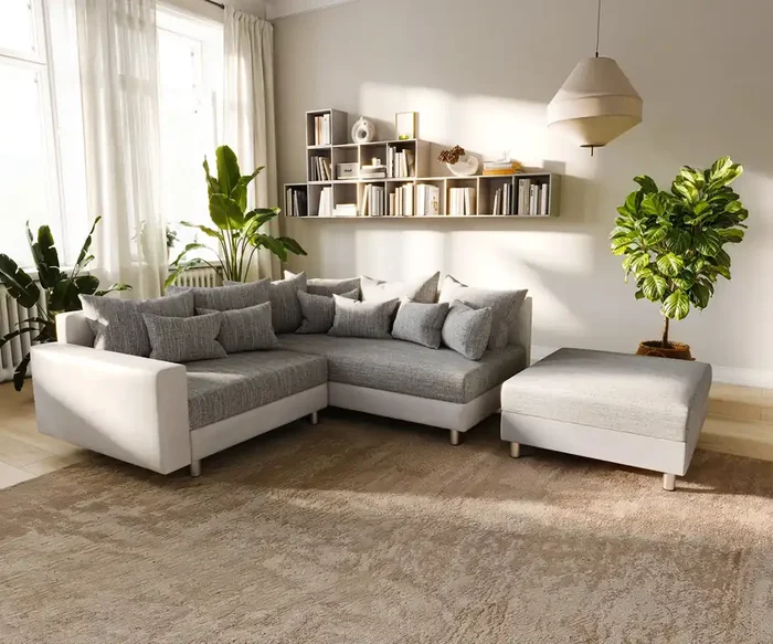 Ecksofa Clovis Weiss Hellgrau modular Hocker Armlehne Ottomane Rechts