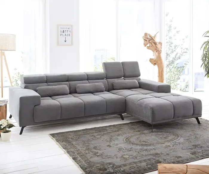Ecksofa Ordino 285×200 Mikrofaser Grau Ottomane rechts elektrische Sitztiefenverstellung