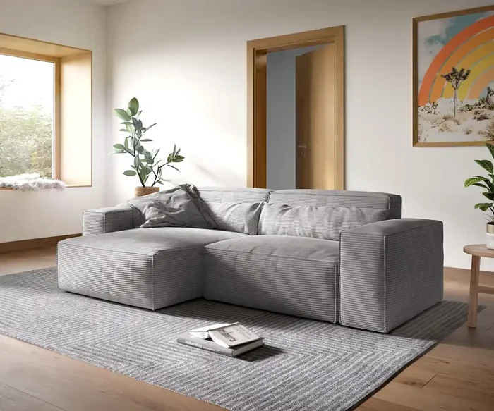 Ecksofa Sirpio XL 270×170 cm Cord Silbergrau Recamiere variabel