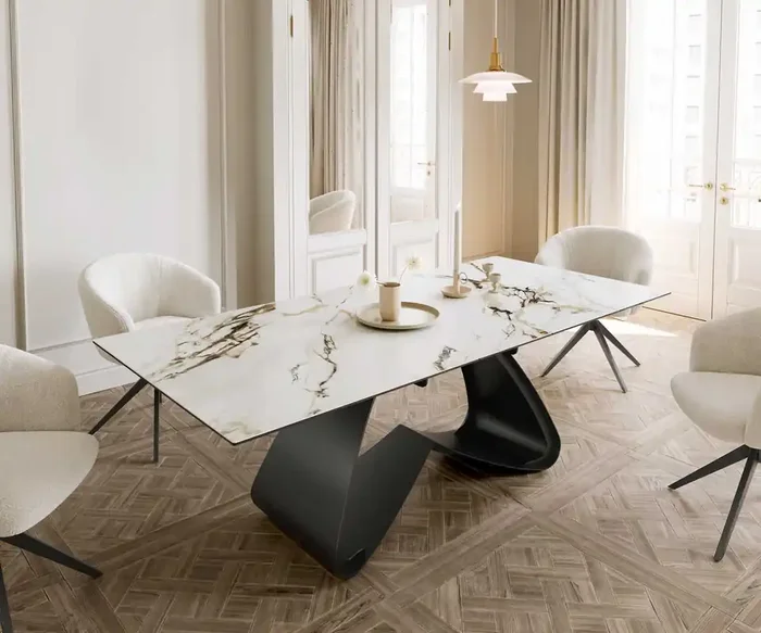 Esstisch Edge 180-220×100 Keramik Calacatta Luxe Weiß-Gold-Grau W-Gestell Schwarz ausziehbar