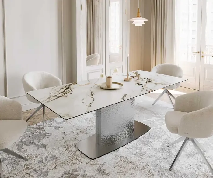 Esstisch Edge 180-220×100 Keramik Calacatta Luxe Weiß-Gold-Grau Wave Edelstahl ausziehbar
