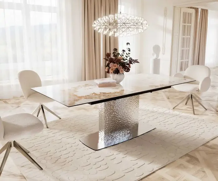 Esstisch Edge 180-220×100 Keramik Minas Melange Weiß-Beige Wave Edelstahl ausziehbar