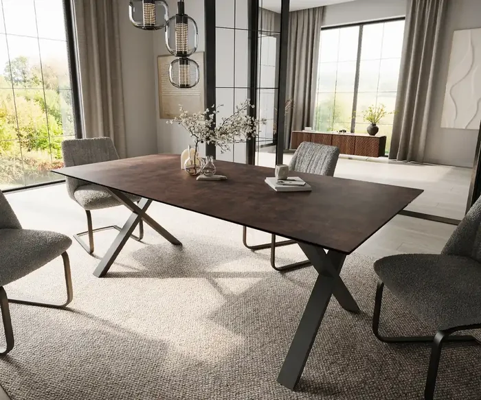 Esstisch Edge 200×100 Glas Antique-braun X-Gestell Metall Schwarz