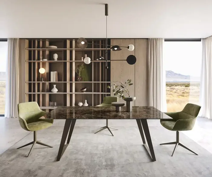 Esstisch Edge 200×100 Keramik Laminam® Emperador Extra Lucidato Dunkelbraun Metall Effektfinish Titan Schräg