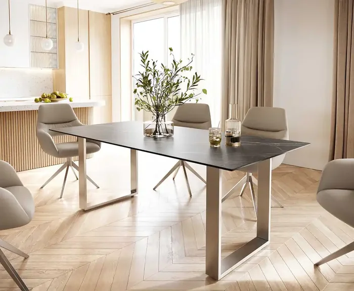 Esstisch Edge 200×100 Keramik Laminam® Noir Desir Braun Edelstahl Schmal