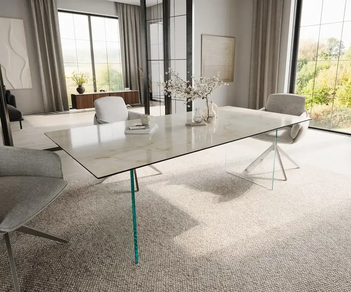 Esstisch Edge 200×100 Keramik Laminam® Onice Oro ​Gestell Glas