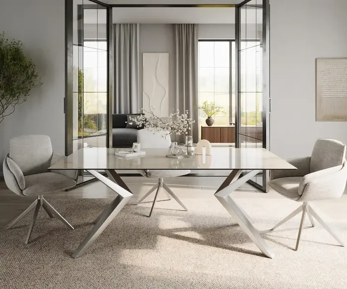 Esstisch Edge 200×100 Keramik Laminam® Onice Oro ​Zenthara kantig Edelstahl