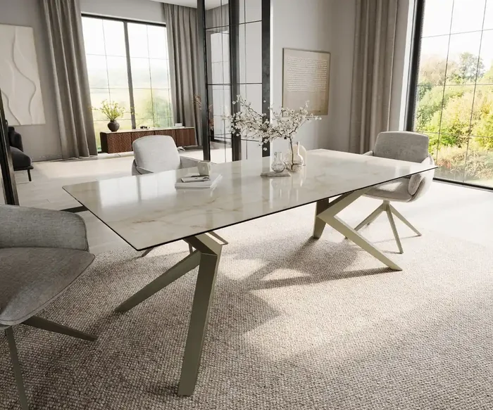 Esstisch Edge 200×100 Keramik Laminam® Onice Oro ​Zenthara kantig Metall Effektfinish Titan