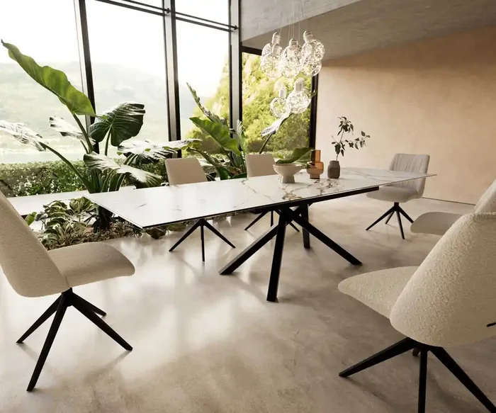 Esstisch Edge 200-300×100 Keramik Calacatta Luxe Weiß-Gold-Grau Kreuzgestell Rechteck Schwarz ausziehbar