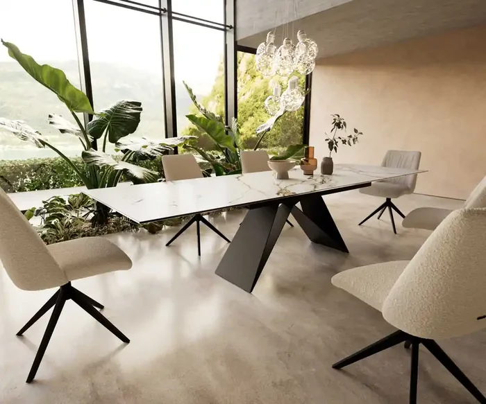 Esstisch Edge 200-300×100 Keramik Calacatta Luxe Weiß-Gold-Grau V-Gestell Flachstahl Schwarz ausziehbar